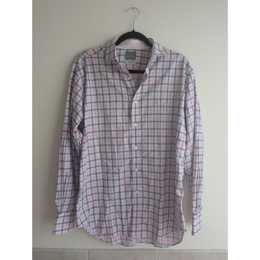 Thomas Dean men's pink and blue plaid dress pima cotton collared shirt, LARGE
